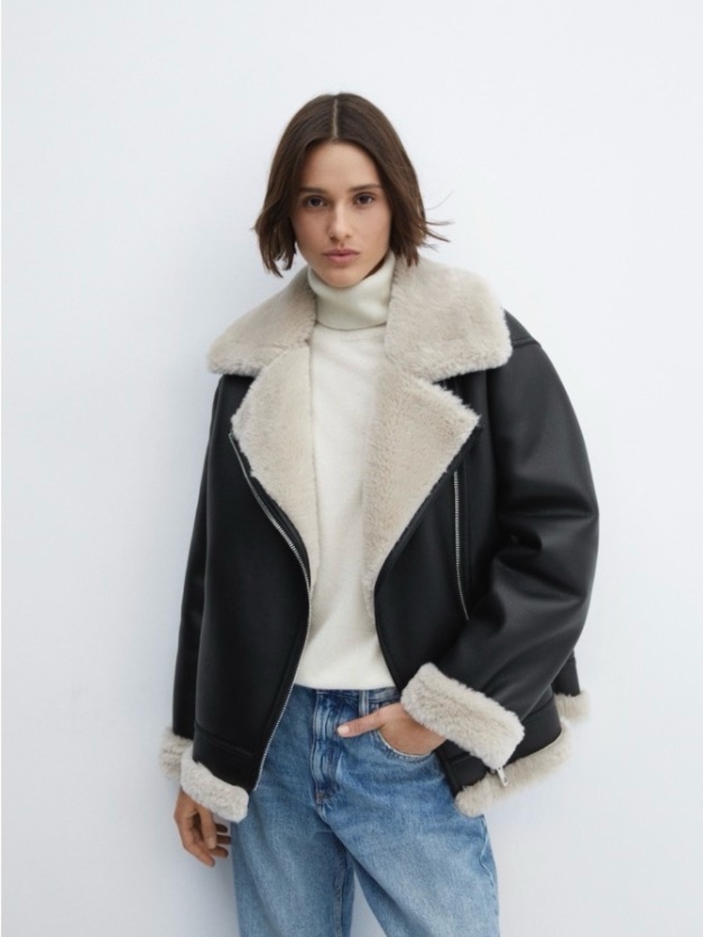 Mango Black Faux Leather Jacket with Cream Shearling Trim